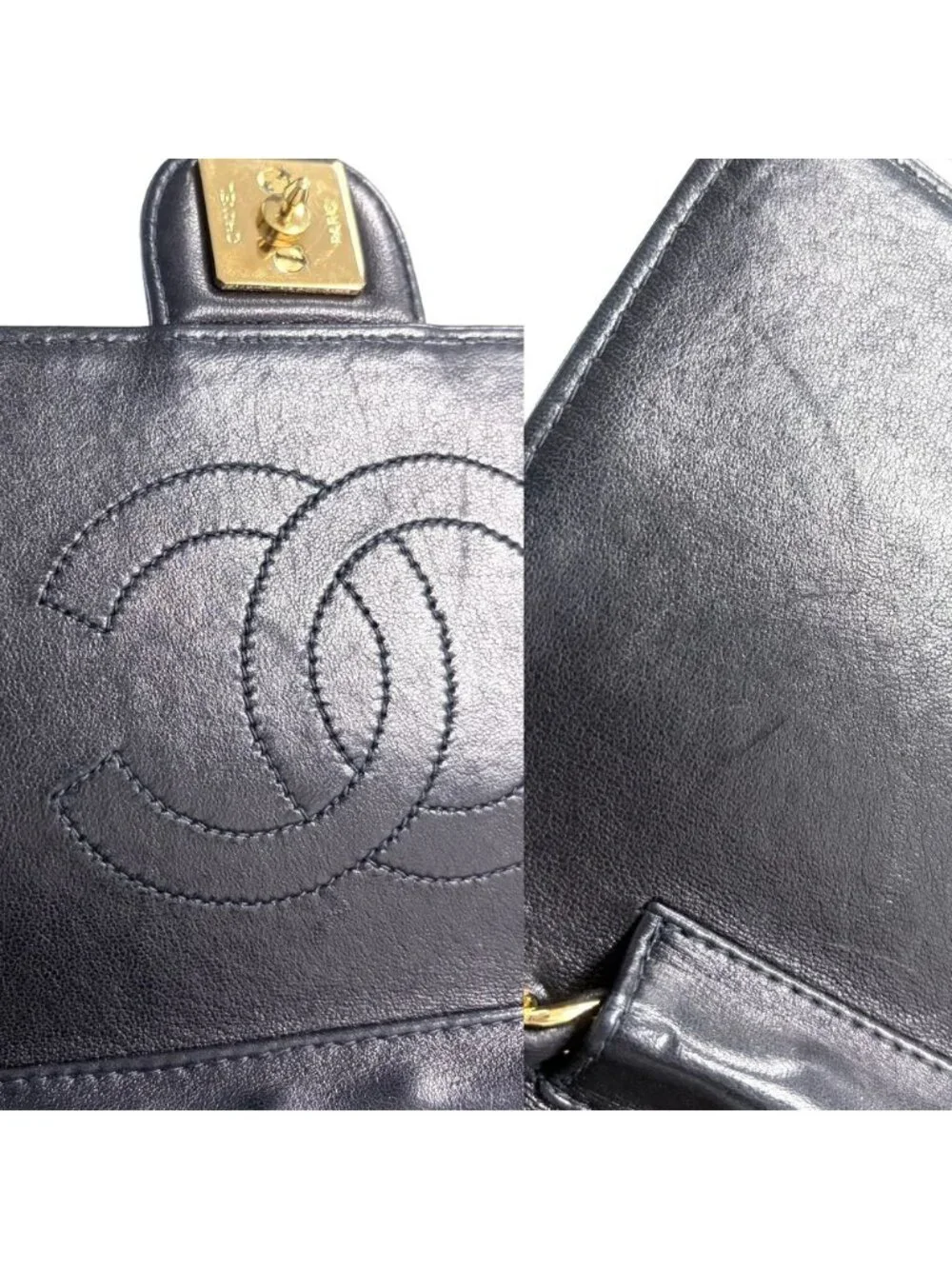 Chanel Shoulder Bag Quilted CC Logo Push Lock Crossbody Lambskin Black Gold